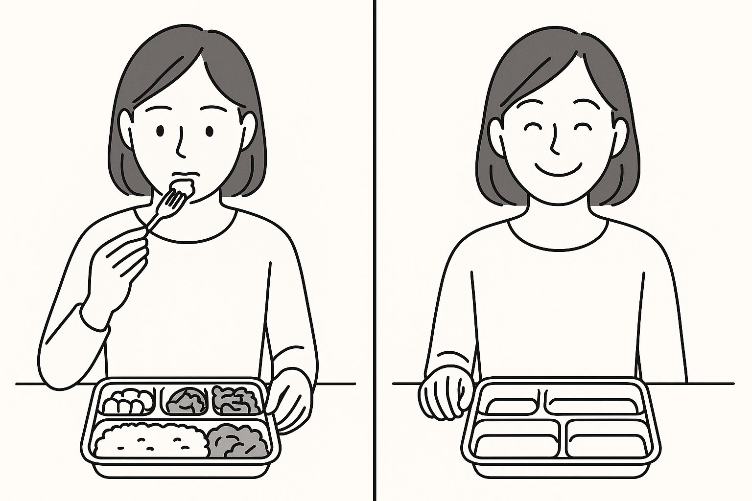 宅配弁当を食べる女性が食後に笑顔になる2コマの線画イラスト