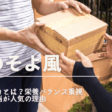 玄関先で荷物を受け取る人の手元と「食のそよ風 プチデリカとは？栄養バランス重視の宅配弁当が人気の理由」のテキストが重ねられた画像