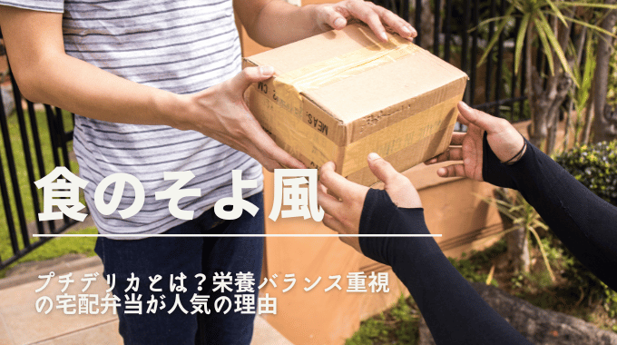 玄関先で荷物を受け取る人の手元と「食のそよ風 プチデリカとは？栄養バランス重視の宅配弁当が人気の理由」のテキストが重ねられた画像