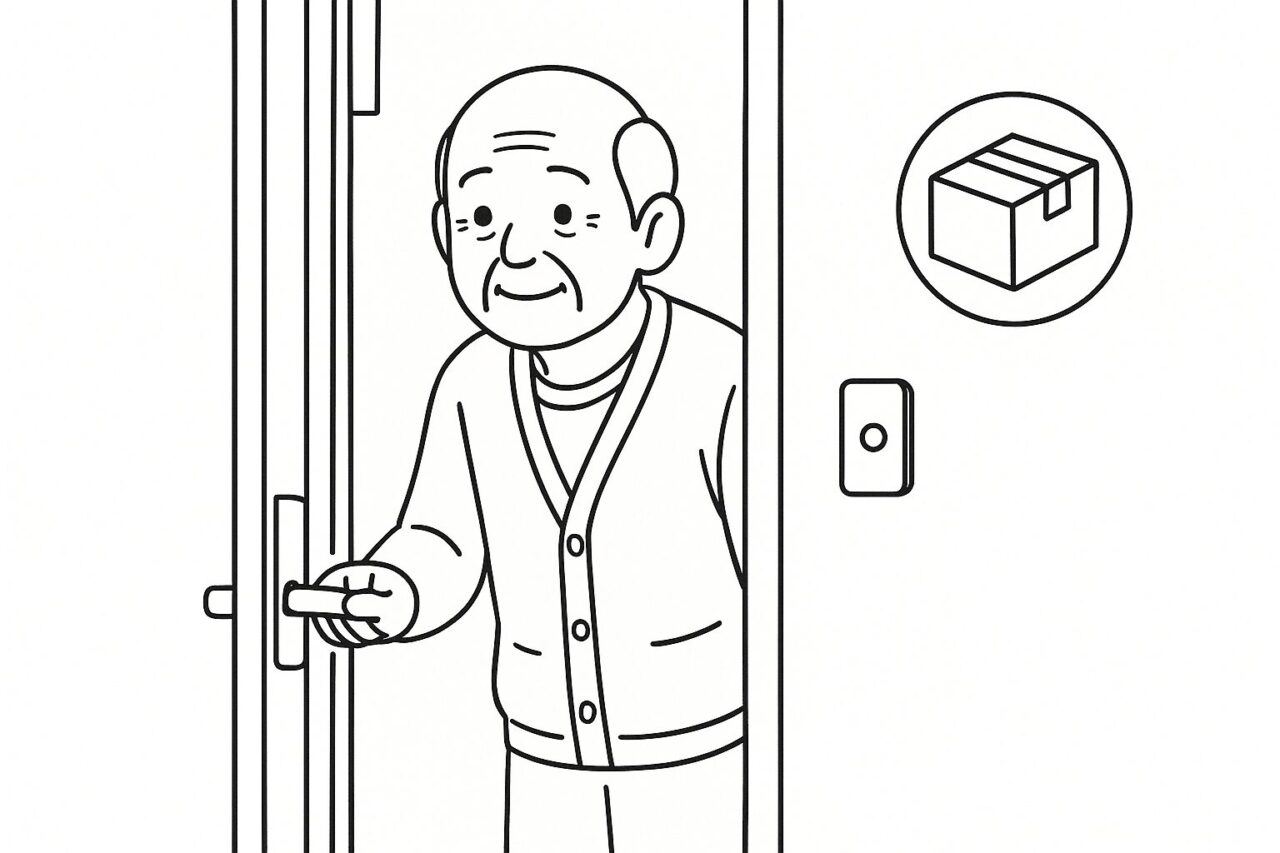 宅配弁当の到着を楽しみに玄関を開ける年配の男性の線画イラスト