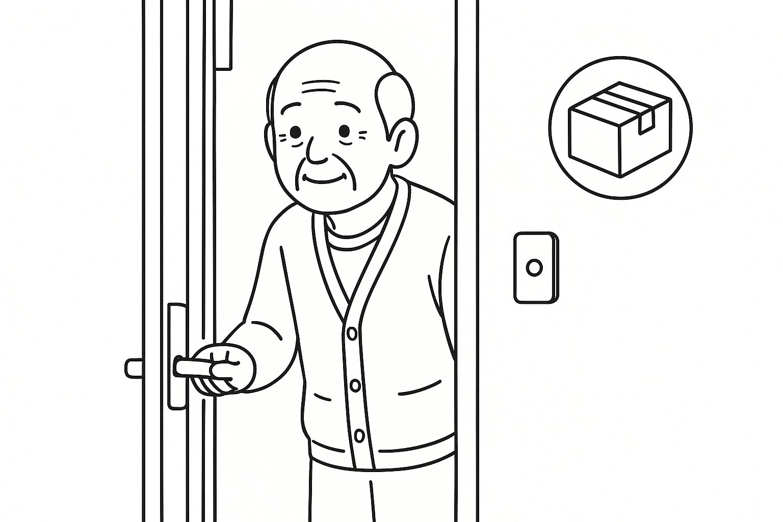 宅配弁当の到着を楽しみに玄関を開ける年配の男性の線画イラスト