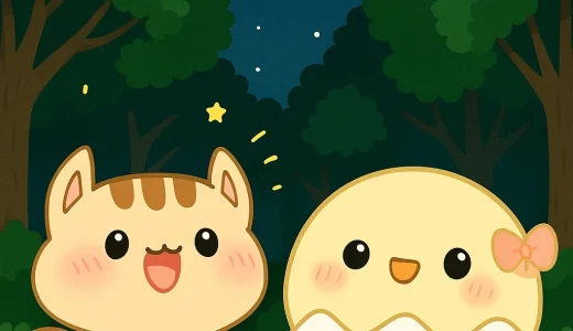 ぴよたんとりすたんが星に願いごとをしている森の夜のイラスト