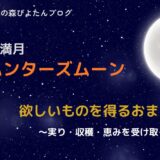 10月の満月ハンターズムーンのおまじないをテーマにした画像。欲しいものを手に入れる願いを込めた、ぴよたんの癒しの森の満月イラスト。