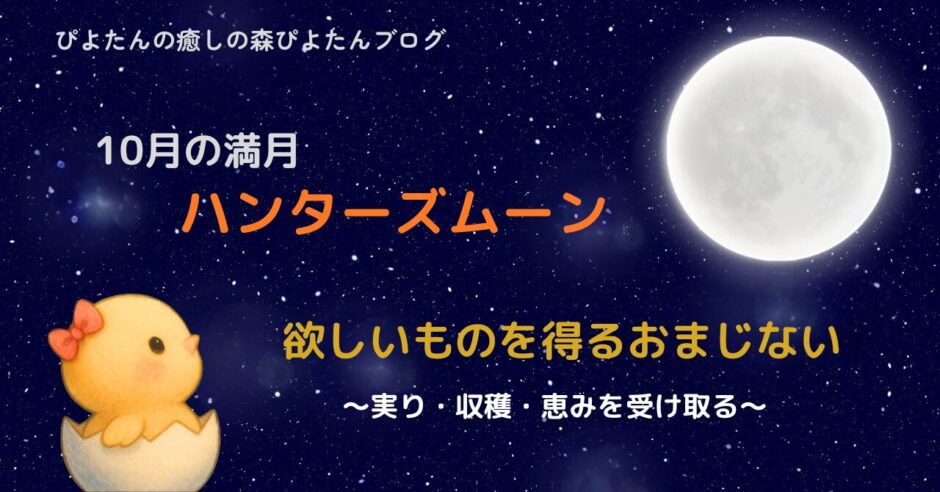 10月の満月ハンターズムーンのおまじないをテーマにした画像。欲しいものを手に入れる願いを込めた、ぴよたんの癒しの森の満月イラスト。