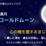 12月の満月コールドムーンのおまじないをテーマにした画像。辛い経験を乗り越えて傷を癒し心の豊かさに変えるおまじないを紹介するぴよたんの癒しの森の満月イラスト。