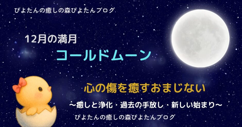 12月の満月コールドムーンのおまじないをテーマにした画像。辛い経験を乗り越えて傷を癒し心の豊かさに変えるおまじないを紹介するぴよたんの癒しの森の満月イラスト。
